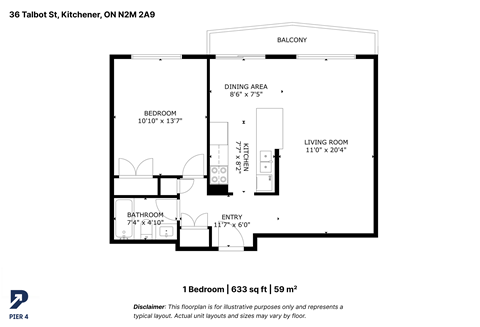 Floor plan for 1 bed, 1 bath, 633 sqft